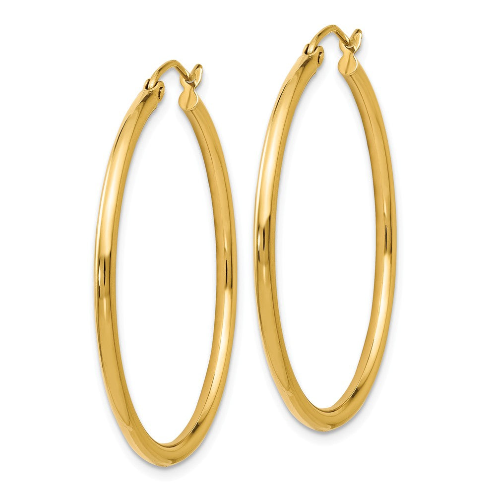 Alternate view of the 2mm Round Hoop Earrings in 14k Yellow Gold, 35mm (1 3/8 Inch) by The Black Bow Jewelry Co.