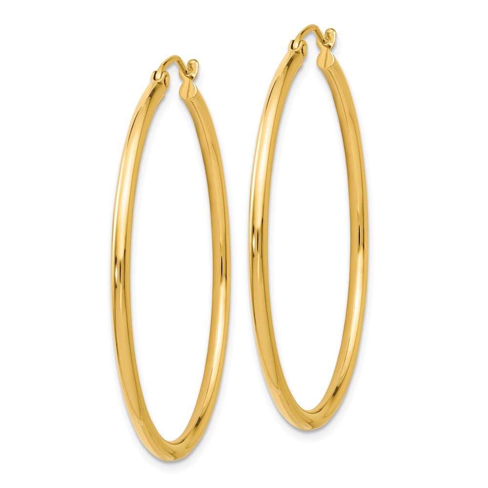 Alternate view of the 2mm Round Hoop Earrings in 14k Yellow Gold, 40mm (1 1/2 Inch) by The Black Bow Jewelry Co.