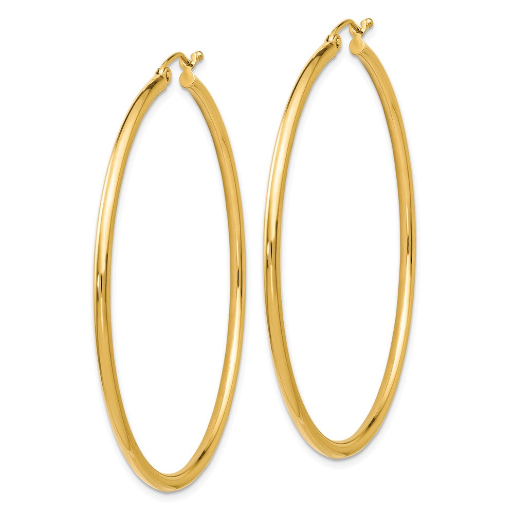 Alternate view of the 2mm Round Hoop Earrings in 14k Yellow Gold, 51mm (2 Inch) by The Black Bow Jewelry Co.