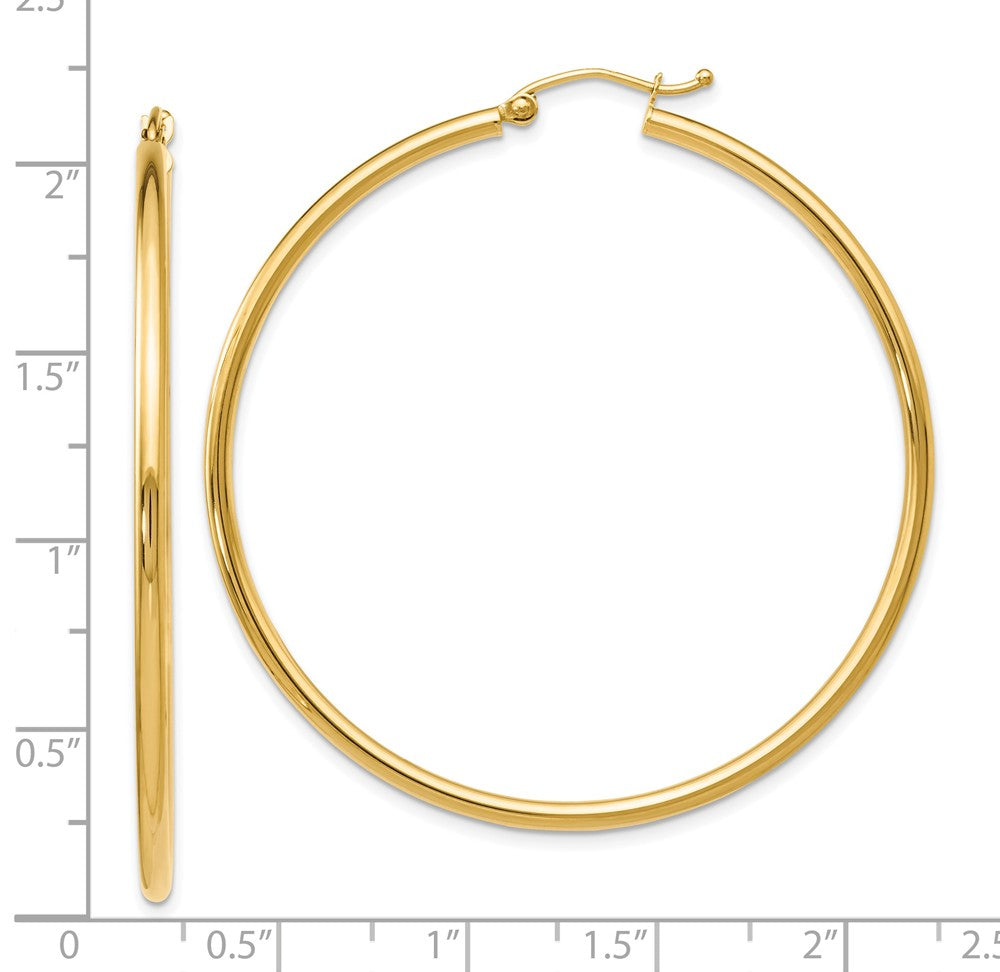 Alternate view of the 2mm Round Hoop Earrings in 14k Yellow Gold, 51mm (2 Inch) by The Black Bow Jewelry Co.