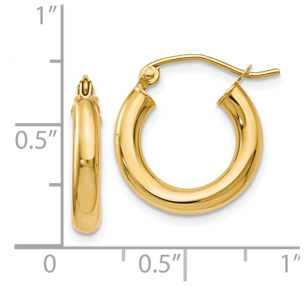 Alternate view of the 3mm Round Hoop Earrings in 14k Yellow Gold, 16mm (5/8 Inch) by The Black Bow Jewelry Co.