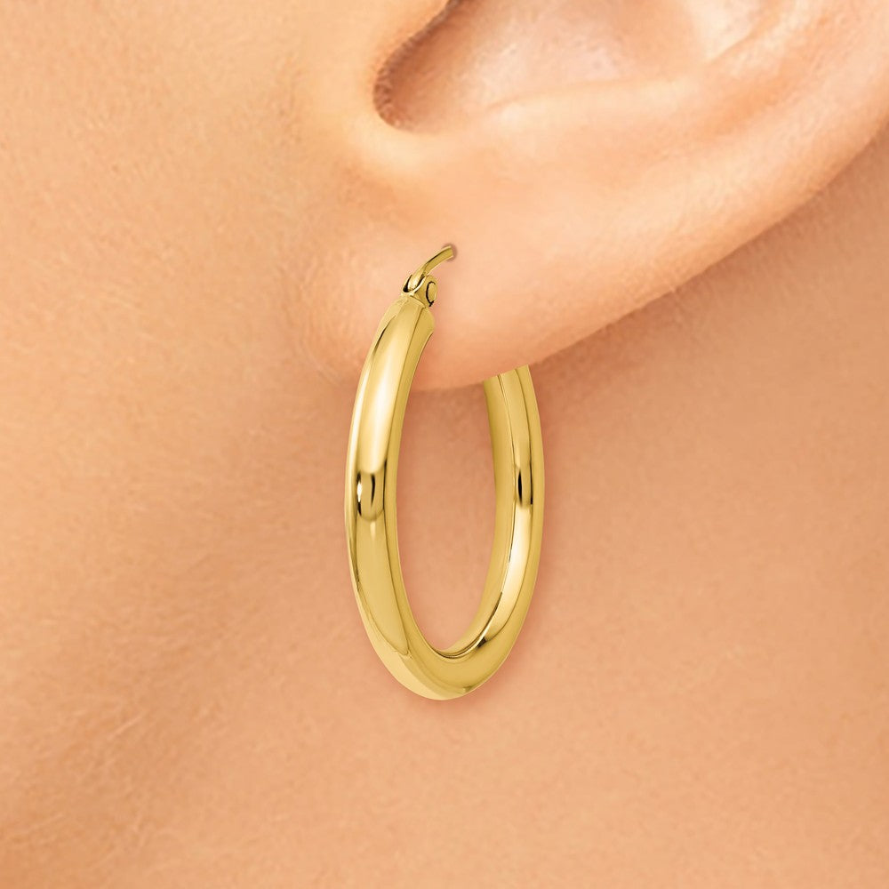 Alternate view of the 3mm Round Hoop Earrings in 14k Yellow Gold, 26mm (1 Inch) by The Black Bow Jewelry Co.