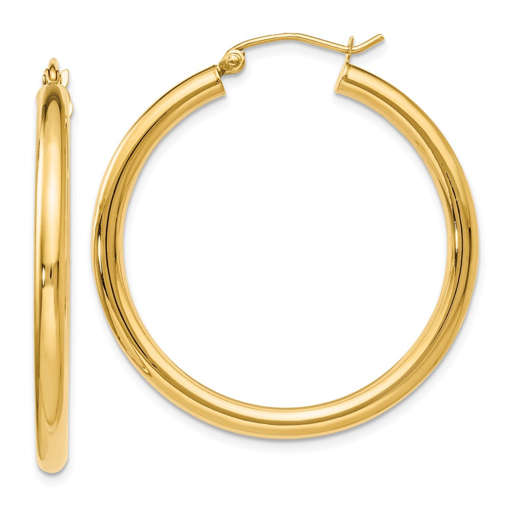 3mm Round Hoop Earrings in 14k Yellow Gold, 35mm (1 3/8 Inch), Item E12109 by The Black Bow Jewelry Co.