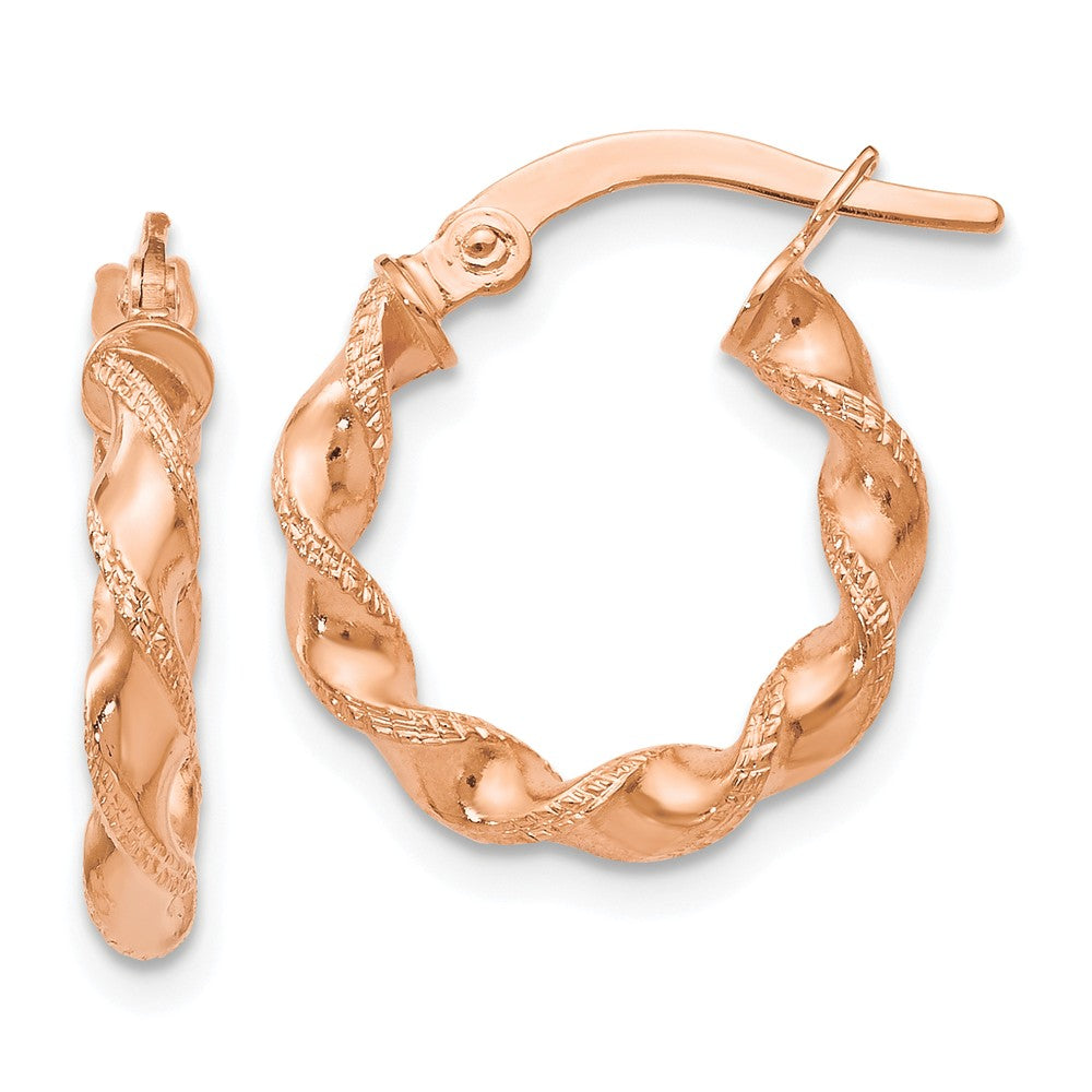 2.5mm 14k Rose Gold Polished &amp; Textured Twisted Hoops, 16mm (5/8 Inch), Item E12208 by The Black Bow Jewelry Co.