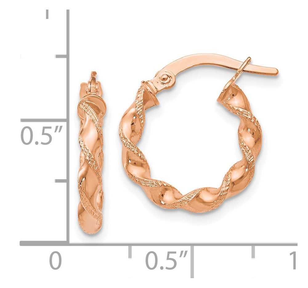 Alternate view of the 2.5mm 14k Rose Gold Polished &amp; Textured Twisted Hoops, 16mm (5/8 Inch) by The Black Bow Jewelry Co.