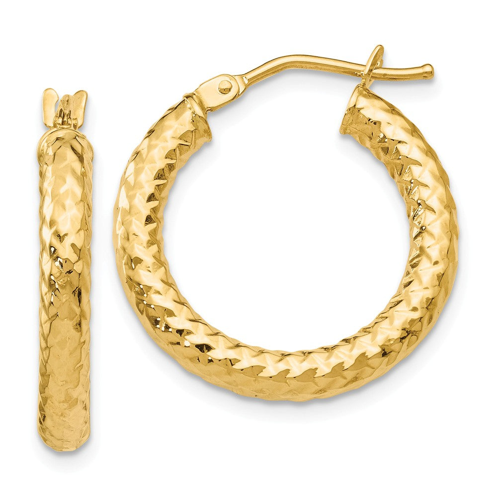3mm Crisscross Round Hoop Earrings in 14k Yellow Gold, 22mm (7/8 Inch), Item E12246 by The Black Bow Jewelry Co.