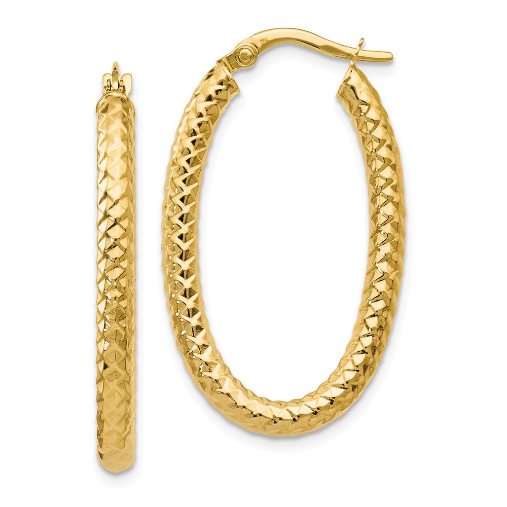 3mm Crisscross Oval Hoop Earrings in 14k Yellow Gold, 32mm(1 1/4 Inch), Item E12254 by The Black Bow Jewelry Co.
