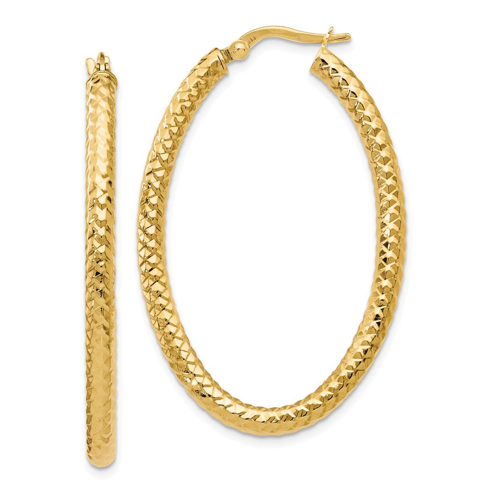 3mm Crisscross Oval Hoop Earrings in 14k Yellow Gold, 42mm(1 5/8 Inch), Item E12257 by The Black Bow Jewelry Co.