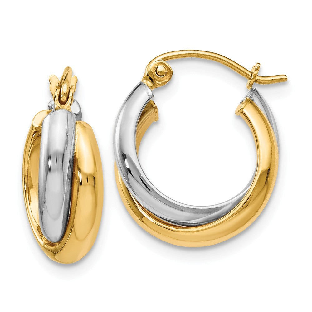 6mm Crossover Double Round Hoop Earrings in 14k Two Tone Gold, 14mm, Item E12336 by The Black Bow Jewelry Co.