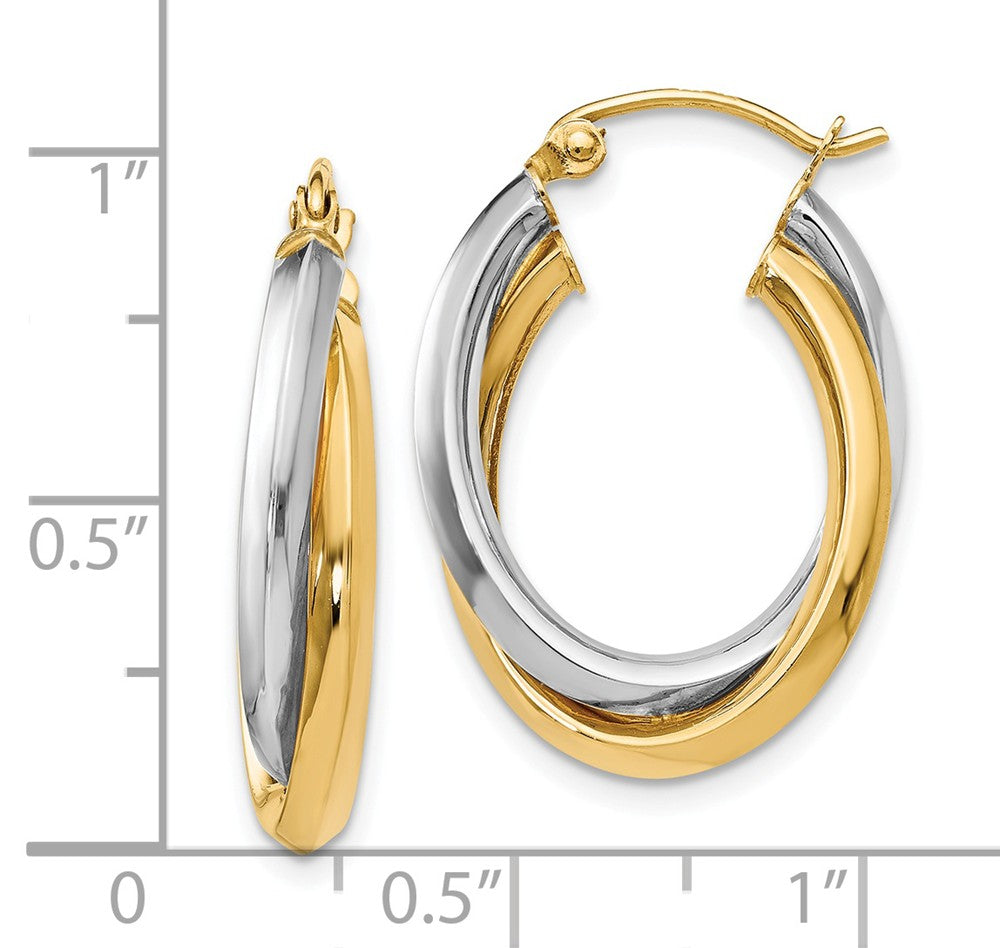 Alternate view of the 4mm Polished Crossover Oval Hoop Earrings in 14k Two Tone Gold, 22mm by The Black Bow Jewelry Co.