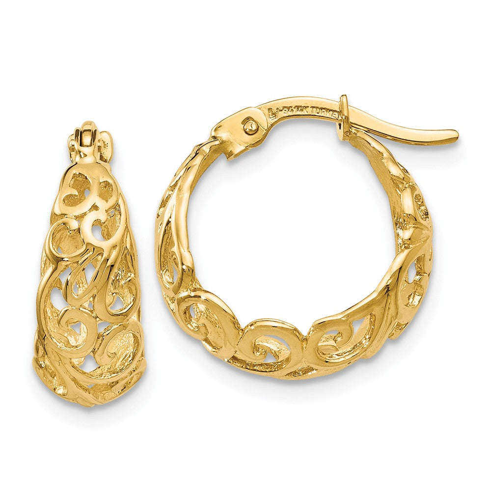 Ornate Tapered Round Hoop Earrings in 14k Yellow Gold, 16mm (5/8 Inch), Item E12360 by The Black Bow Jewelry Co.