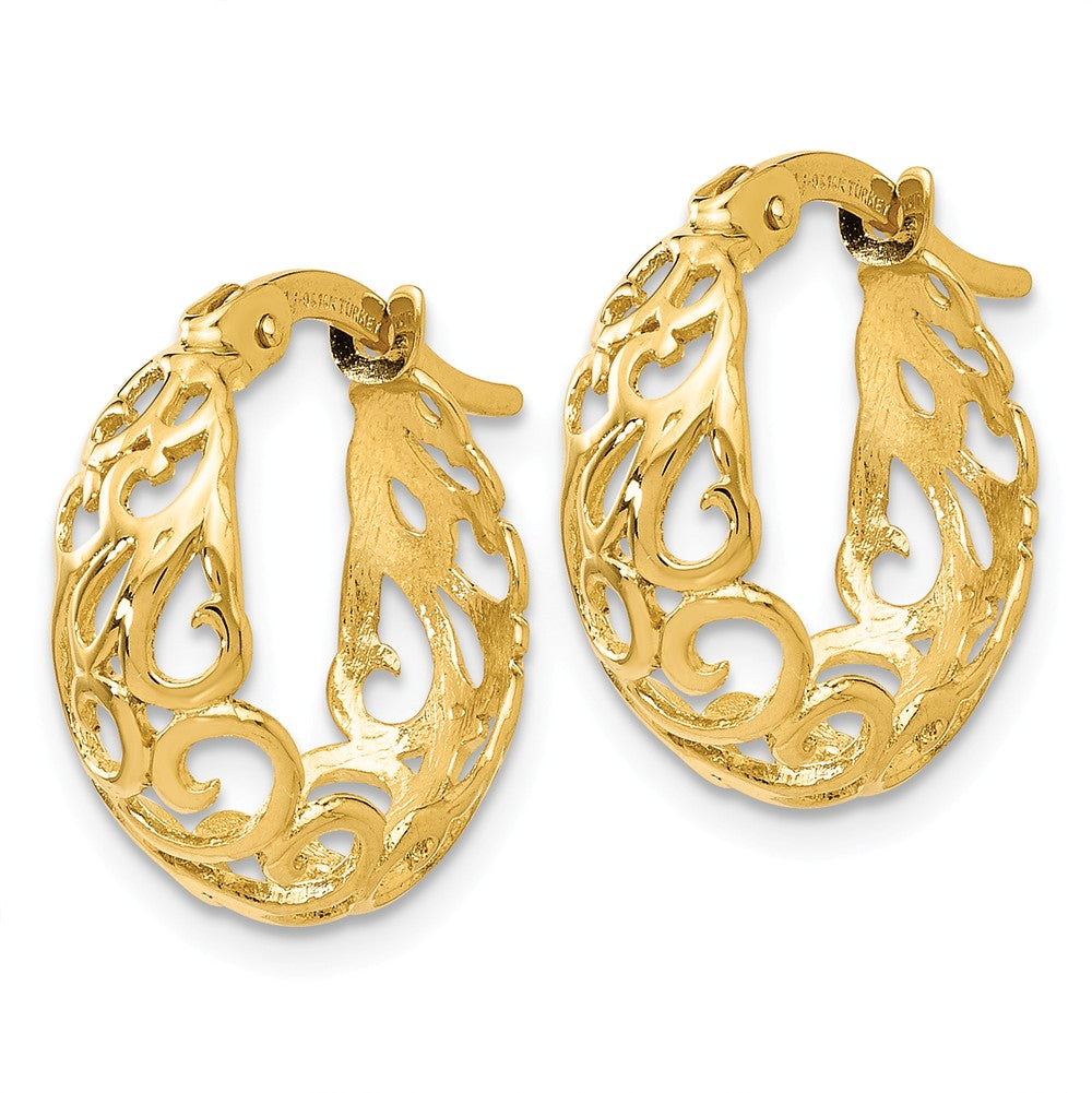 Alternate view of the Ornate Tapered Round Hoop Earrings in 14k Yellow Gold, 16mm (5/8 Inch) by The Black Bow Jewelry Co.