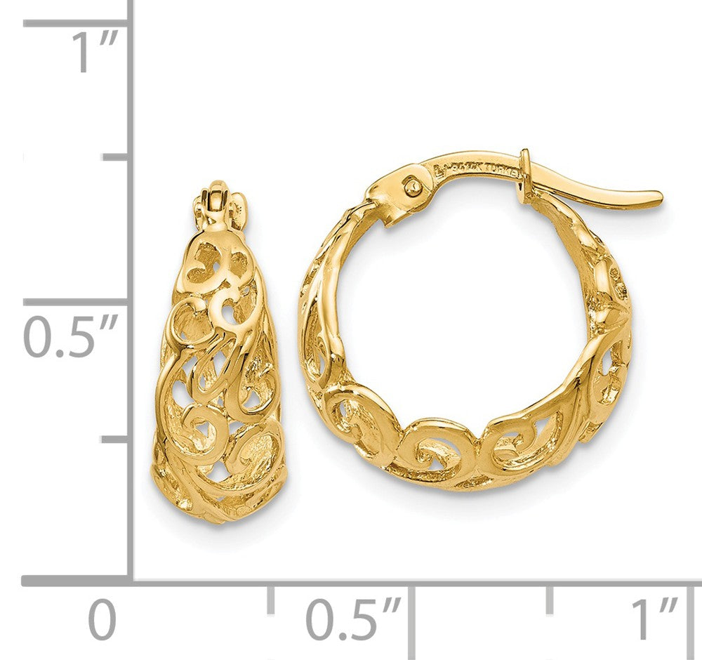 Alternate view of the Ornate Tapered Round Hoop Earrings in 14k Yellow Gold, 16mm (5/8 Inch) by The Black Bow Jewelry Co.