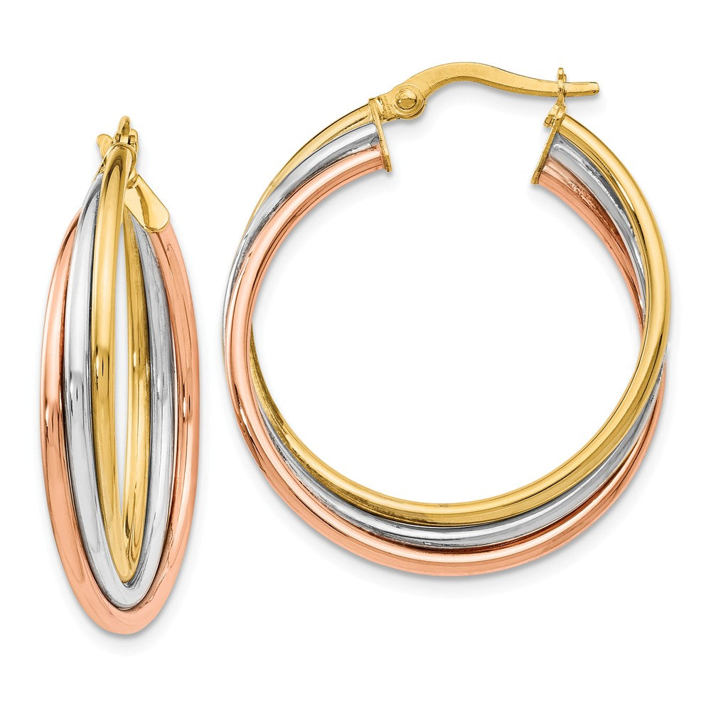 5mm Triple Crossover Hoops in 14k Tri-Color Gold, 28mm (1 1/8 Inch), Item E12365 by The Black Bow Jewelry Co.