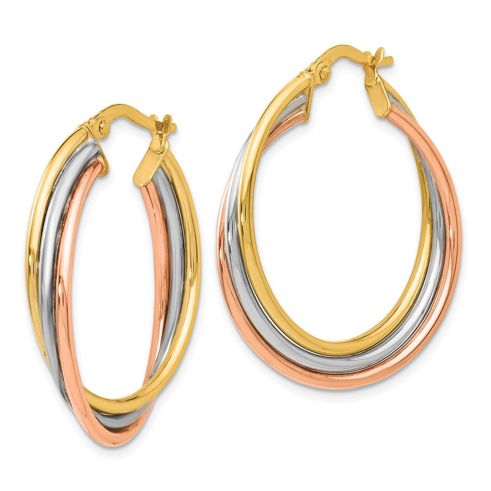 Alternate view of the 5mm Triple Crossover Hoops in 14k Tri-Color Gold, 28mm (1 1/8 Inch) by The Black Bow Jewelry Co.