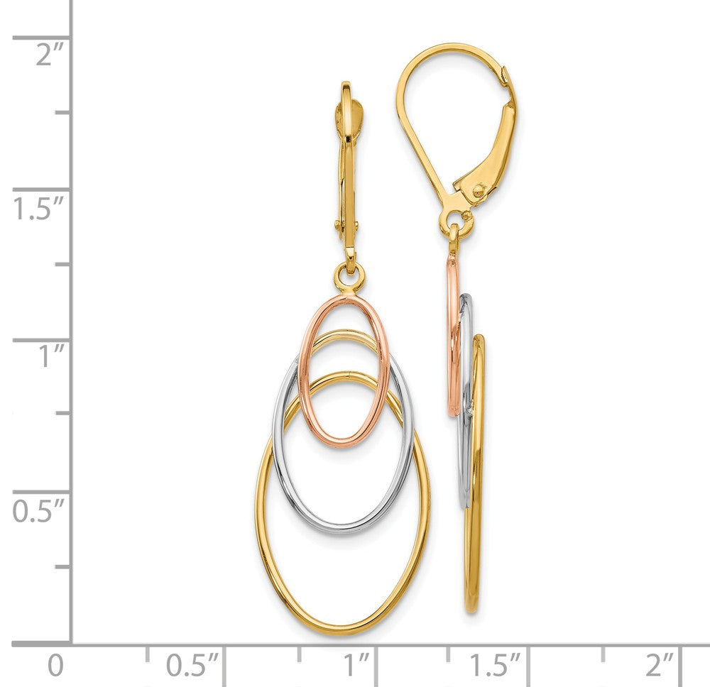Alternate view of the 14k Tri-Color Gold Triple Oval Dangle Earrings, 45mm (1 3/4 Inch) by The Black Bow Jewelry Co.
