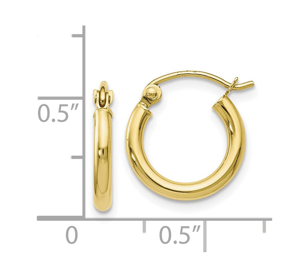 2mm Round Hoop Earrings in 10k Yellow Gold, 13mm (1/2 Inch