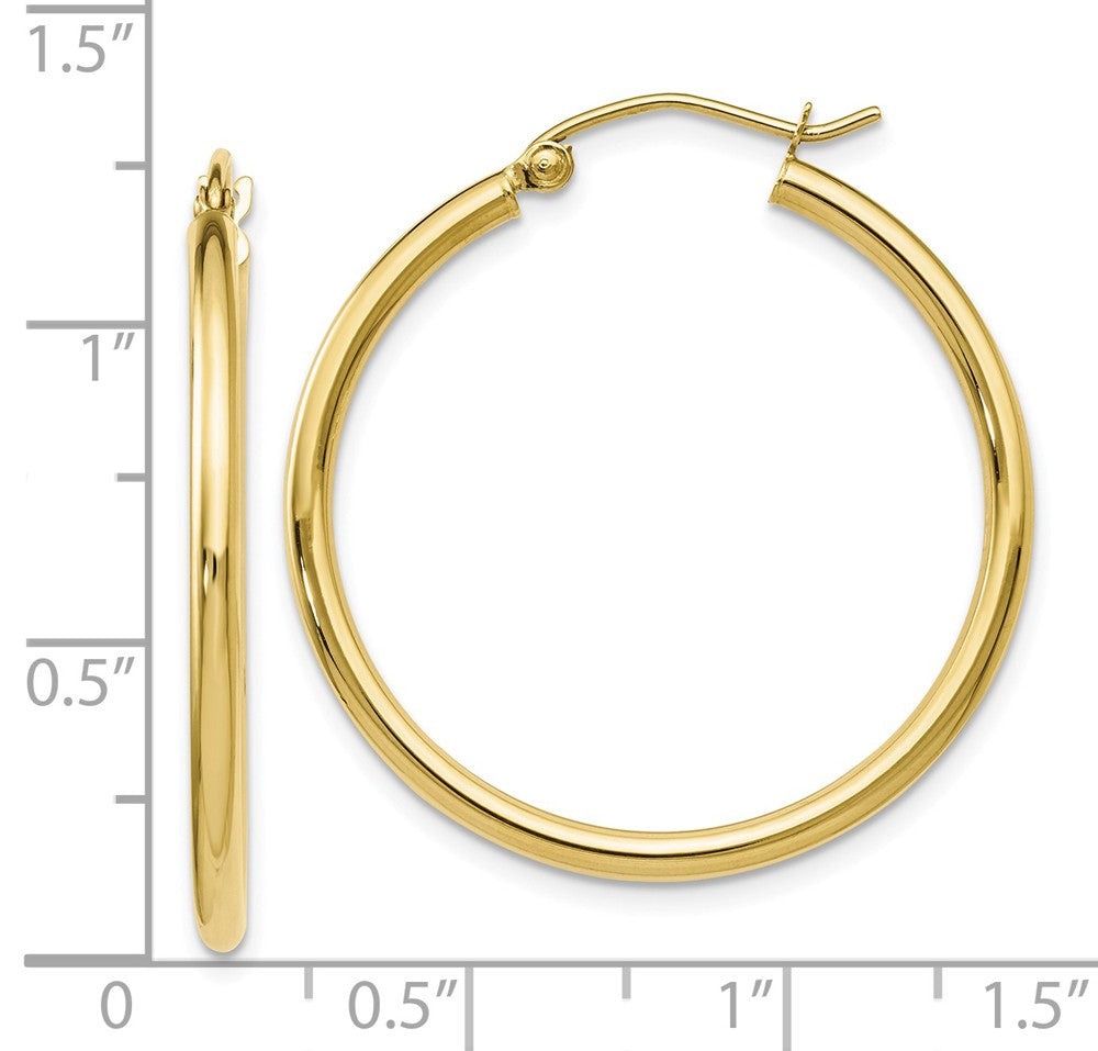 Alternate view of the 2mm Round Hoop Earrings in 10k Yellow Gold, 30mm (1 3/16 Inch) by The Black Bow Jewelry Co.