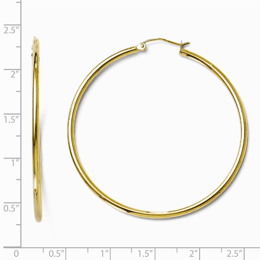 Alternate view of the 2mm Round Hoop Earrings in 10k Yellow Gold, 51mm (2 Inch) by The Black Bow Jewelry Co.