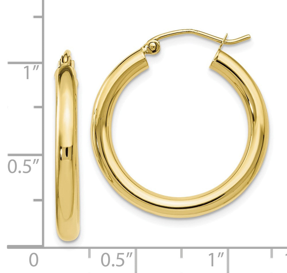 Alternate view of the 3mm Round Hoop Earrings in 10k Yellow Gold, 26mm (1 Inch) by The Black Bow Jewelry Co.