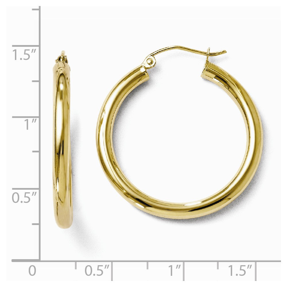 Alternate view of the 3mm Round Hoop Earrings in 10k Yellow Gold, 30mm (1 3/16 Inch) by The Black Bow Jewelry Co.