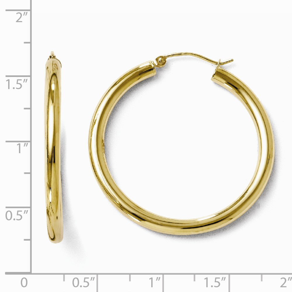 Alternate view of the 3mm Round Hoop Earrings in 10k Yellow Gold, 35mm (1 3/8 Inch) by The Black Bow Jewelry Co.