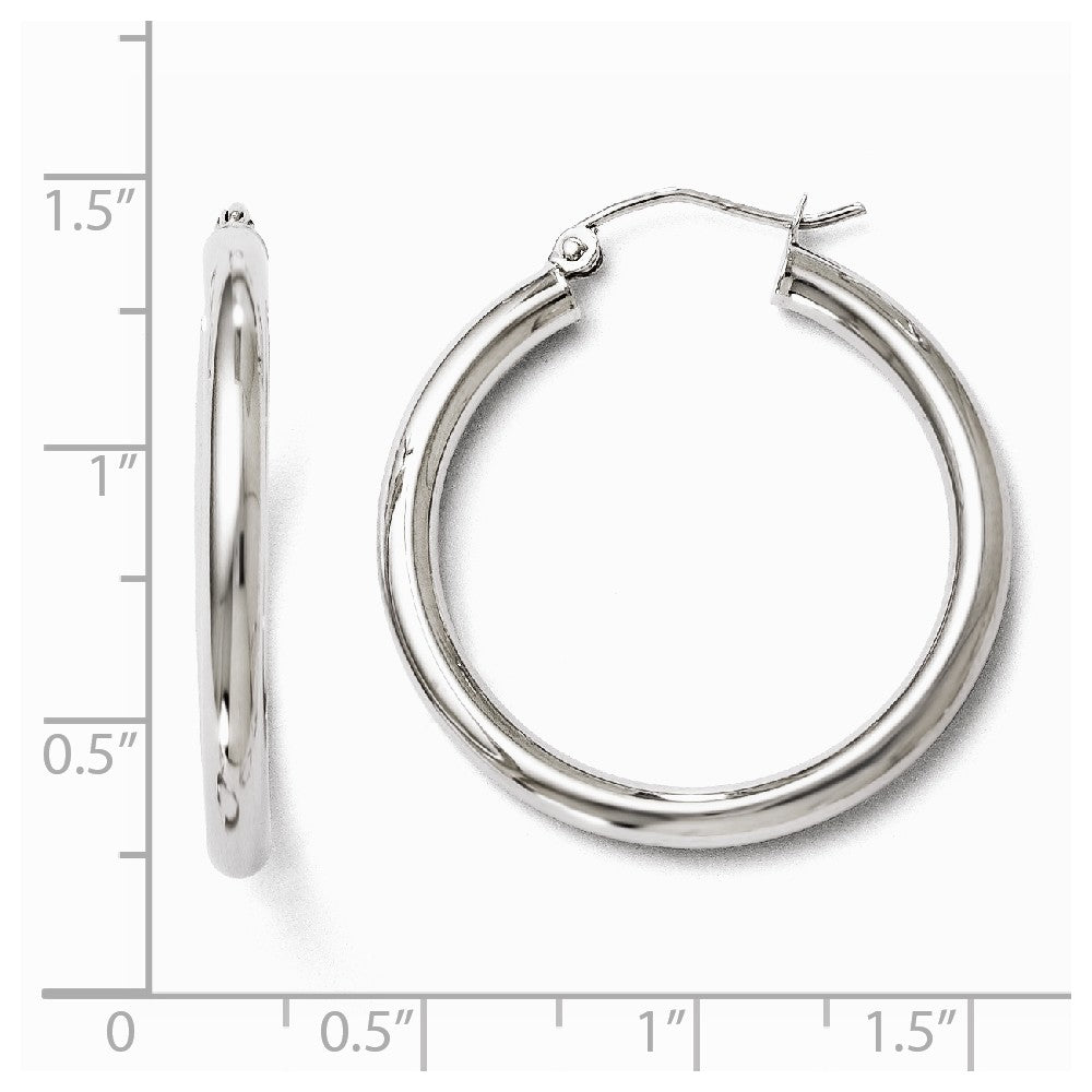 Alternate view of the 3mm Round Hoop Earrings in 10k White Gold, 30mm (1 3/16 Inch) by The Black Bow Jewelry Co.