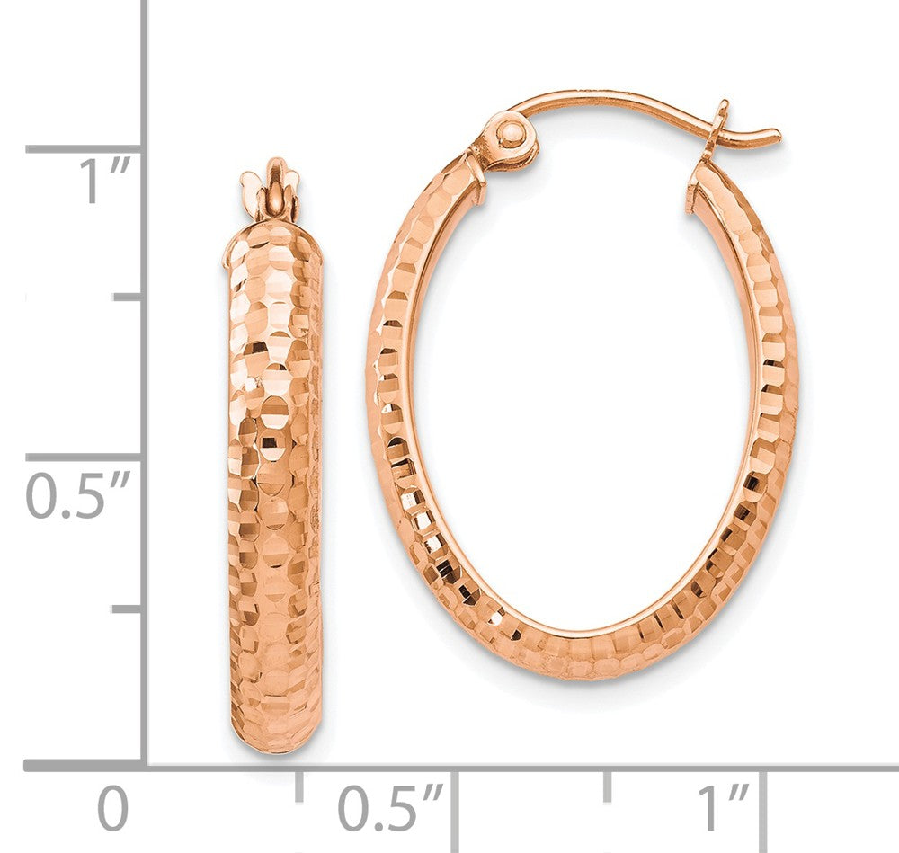 Alternate view of the 3.5mm 10k Rose Gold Diamond Cut Oval Hoop Earrings, 22mm (7/8 Inch) by The Black Bow Jewelry Co.