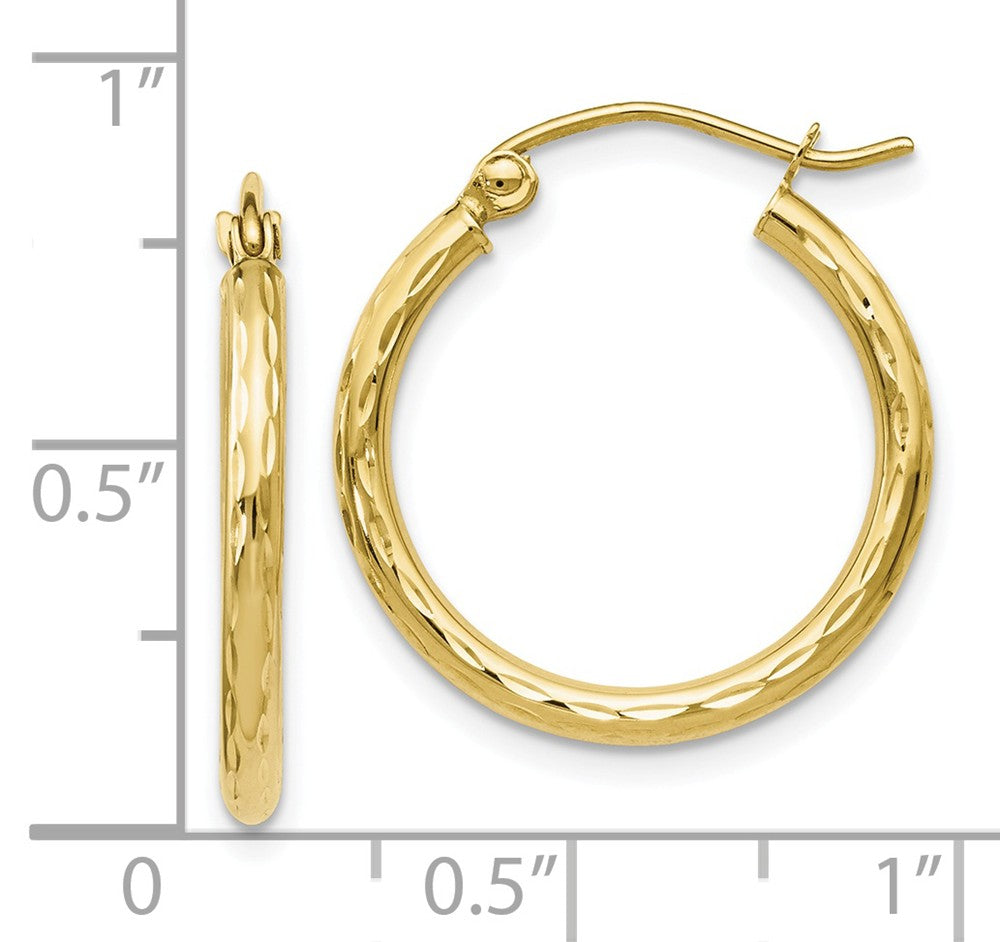 Alternate view of the 2mm 10k Yellow Gold Diamond Cut Round Hoop Earrings, 20mm (3/4 Inch) by The Black Bow Jewelry Co.