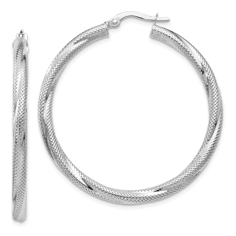 3mm Twisted Textured Round Hoops in 10k White Gold, 40mm (1 1/2 Inch), Item E12570 by The Black Bow Jewelry Co.