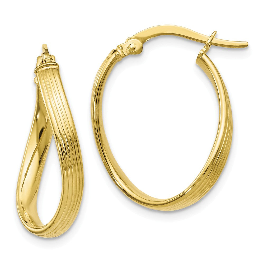 3mm Textured Bent Oval Hoop Earrings in 10k Yellow Gold, 23mm, Item E12583 by The Black Bow Jewelry Co.