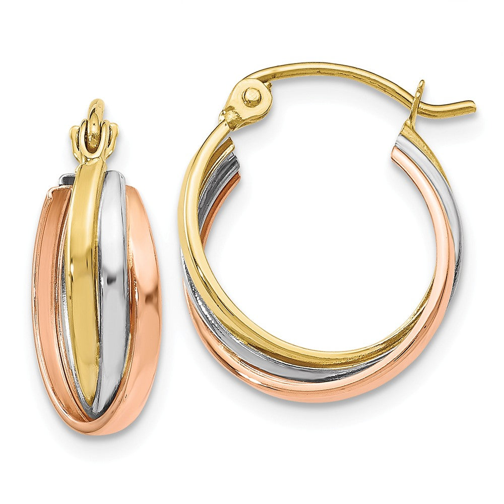 5mm Triple Crossover Hoops in 10k Tri-Color Gold, 14mm (9/16 Inch), Item E12591 by The Black Bow Jewelry Co.