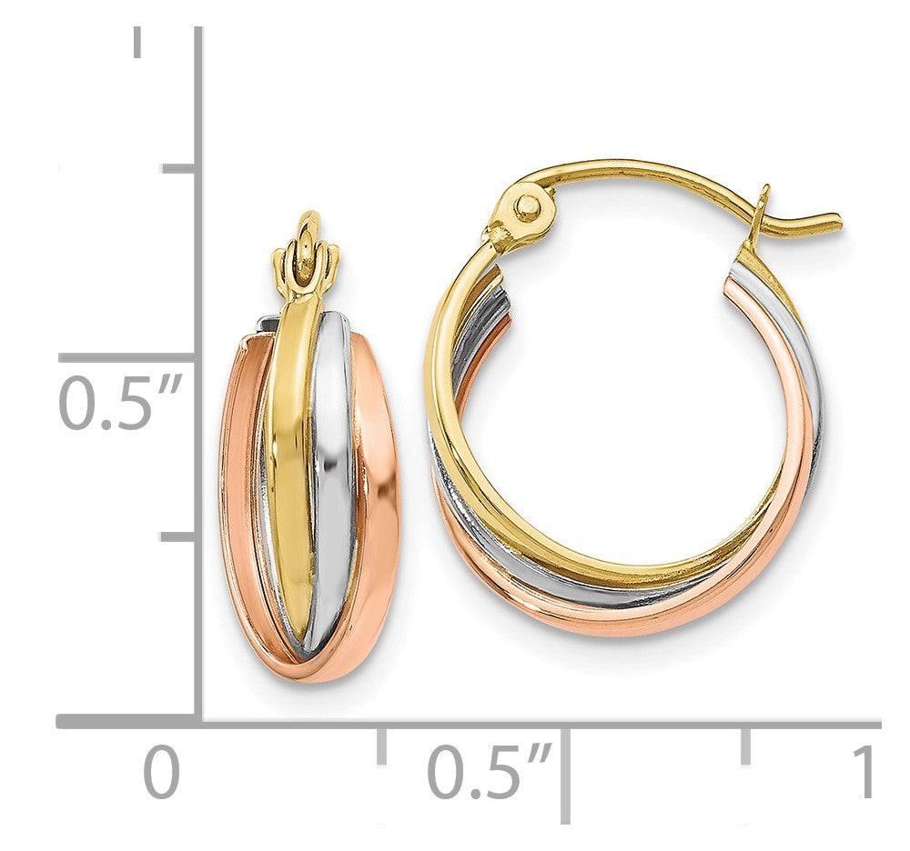 Alternate view of the 5mm Triple Crossover Hoops in 10k Tri-Color Gold, 14mm (9/16 Inch) by The Black Bow Jewelry Co.