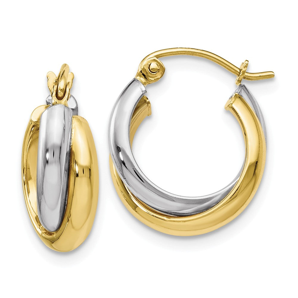 7mm Double Crossover Round Hoops in 10k Two Tone Gold, 15mm, Item E12592 by The Black Bow Jewelry Co.