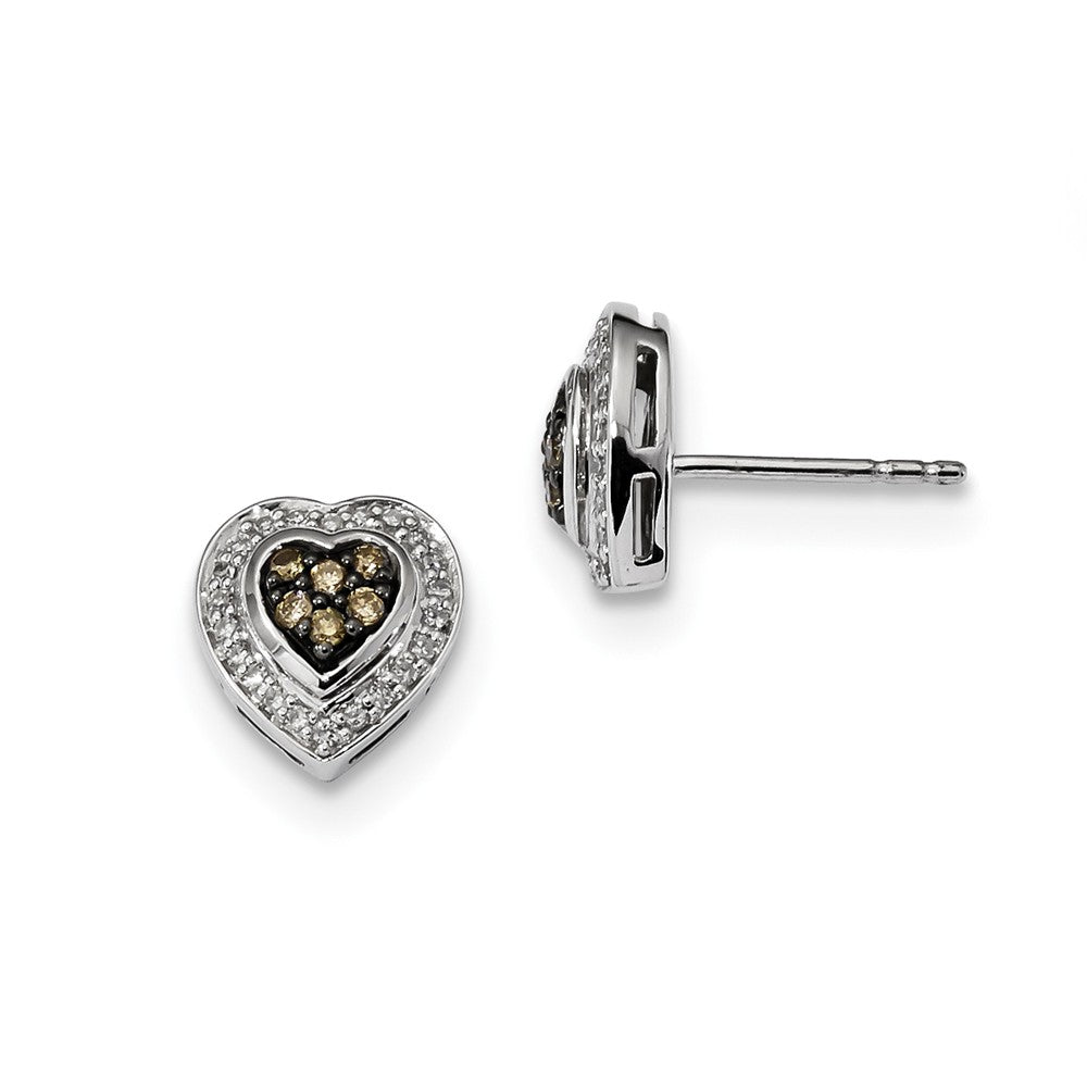 Champagne &amp; White Diamond 10mm Heart Post Earrings in Sterling Silver, Item E12653 by The Black Bow Jewelry Co.