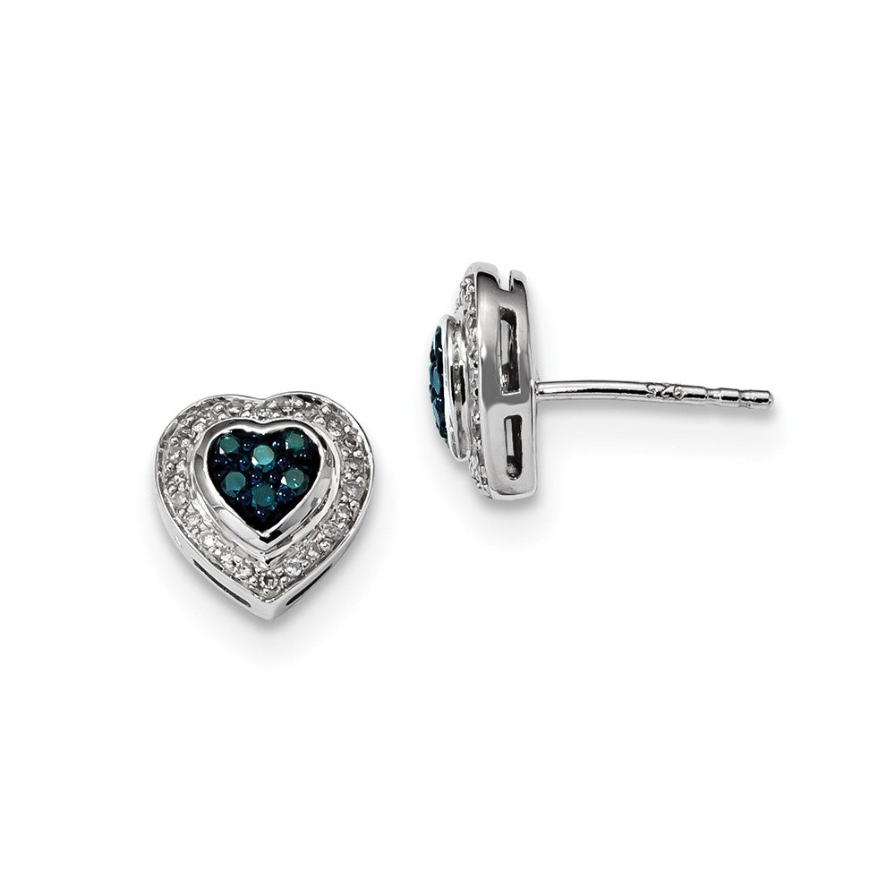 Blue &amp; White Diamond 10mm Heart Post Earrings in Sterling Silver, Item E12665 by The Black Bow Jewelry Co.