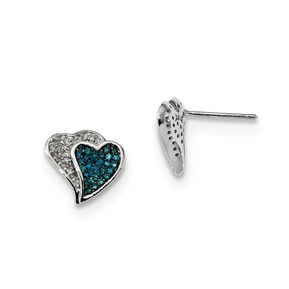 Blue &amp; White Diamond 10mm Double Heart Sterling Silver Post Earrings, Item E12666 by The Black Bow Jewelry Co.