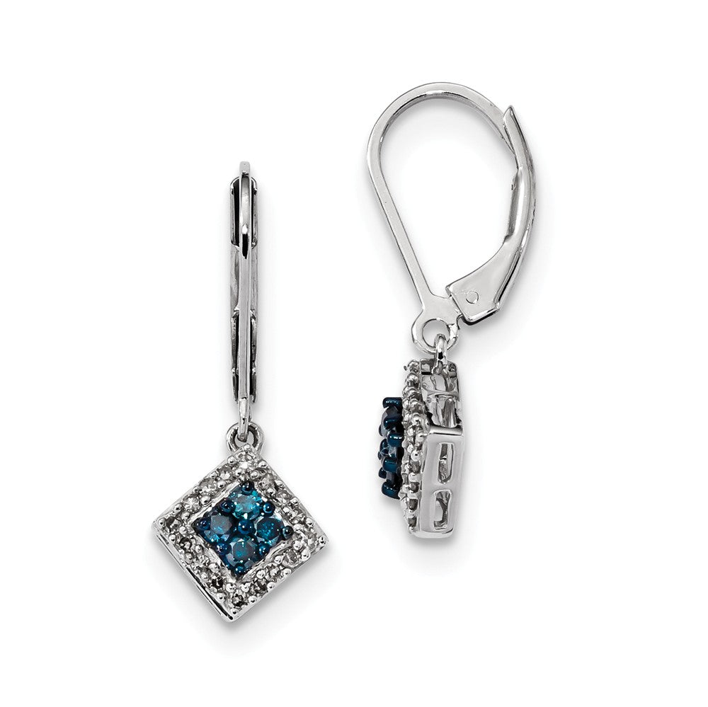Blue & White Diamond Small Square Sterling Silver Lever Back Earrings, Item E12693 by The Black Bow Jewelry Co.