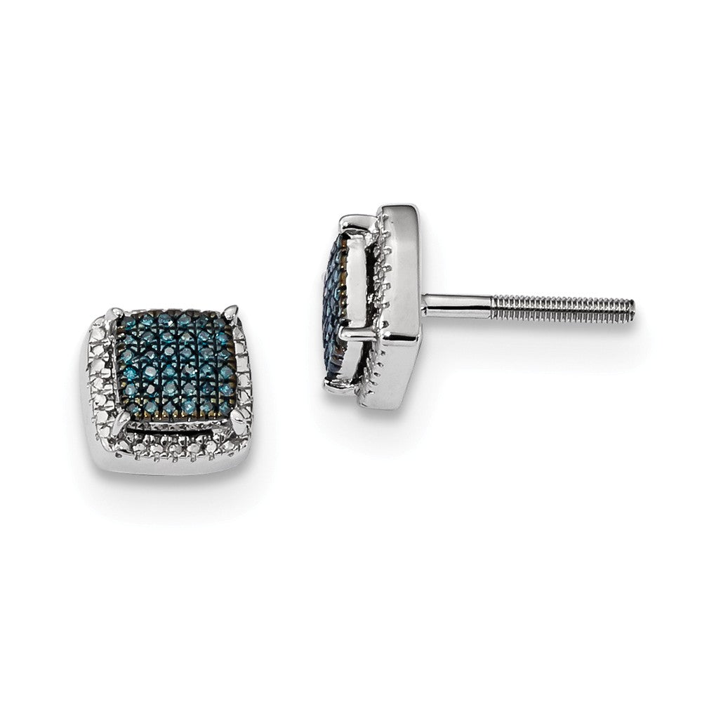 Blue &amp; White Diamond 8mm Square Screw Back Earrings in Sterling Silver, Item E12711 by The Black Bow Jewelry Co.