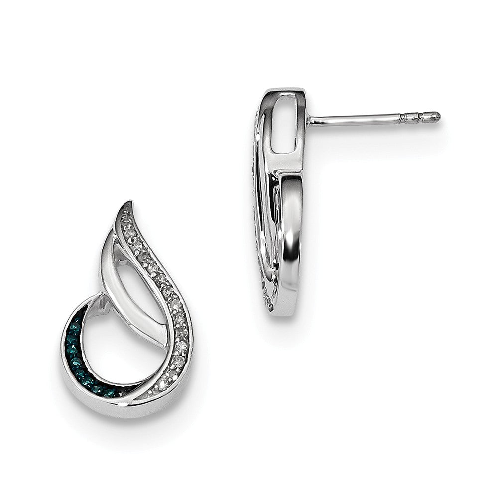 Blue &amp; White Diamond Tear Rhodium Plated Sterling Silver Post Earrings, Item E12712 by The Black Bow Jewelry Co.