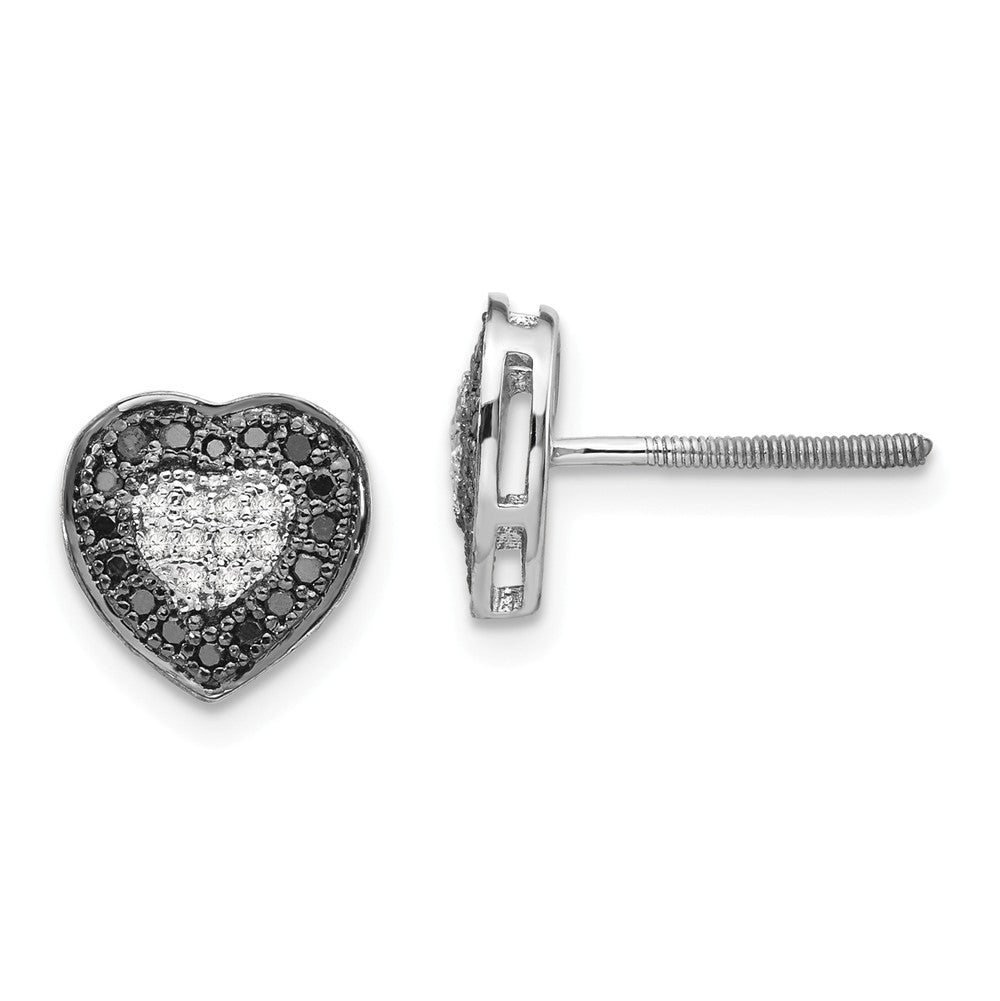 Black &amp; White Diamond 8mm Heart Screw Back Earrings in Sterling Silver, Item E12718 by The Black Bow Jewelry Co.