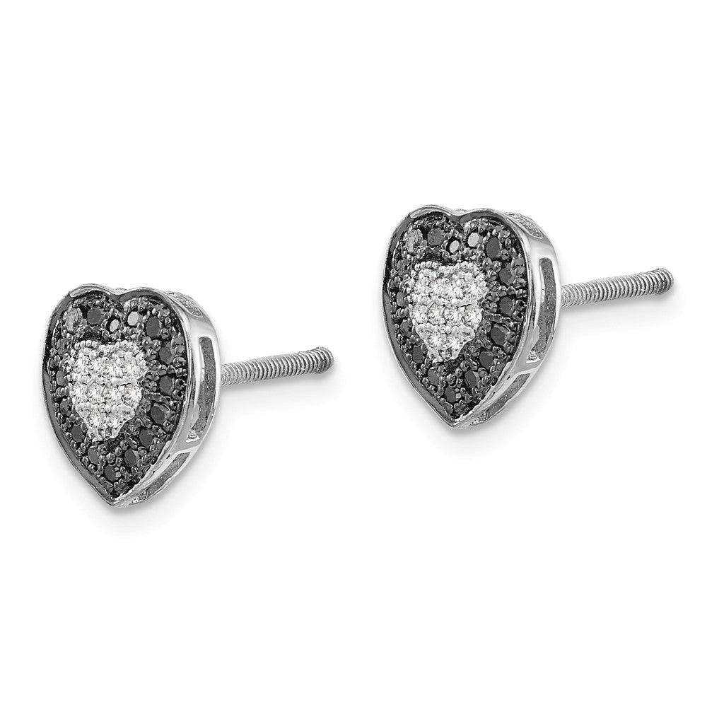 Alternate view of the Black &amp; White Diamond 8mm Heart Screw Back Earrings in Sterling Silver by The Black Bow Jewelry Co.