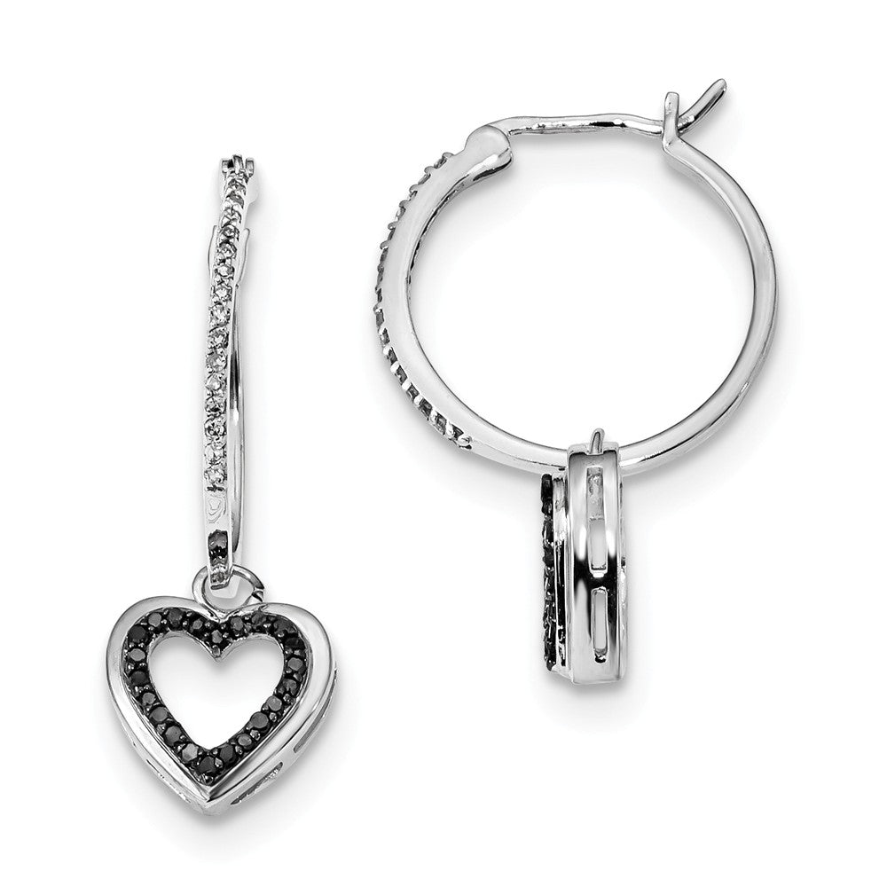 Black &amp; White Diamond Dangle Heart Hoop Earrings in Sterling Silver, Item E12723 by The Black Bow Jewelry Co.