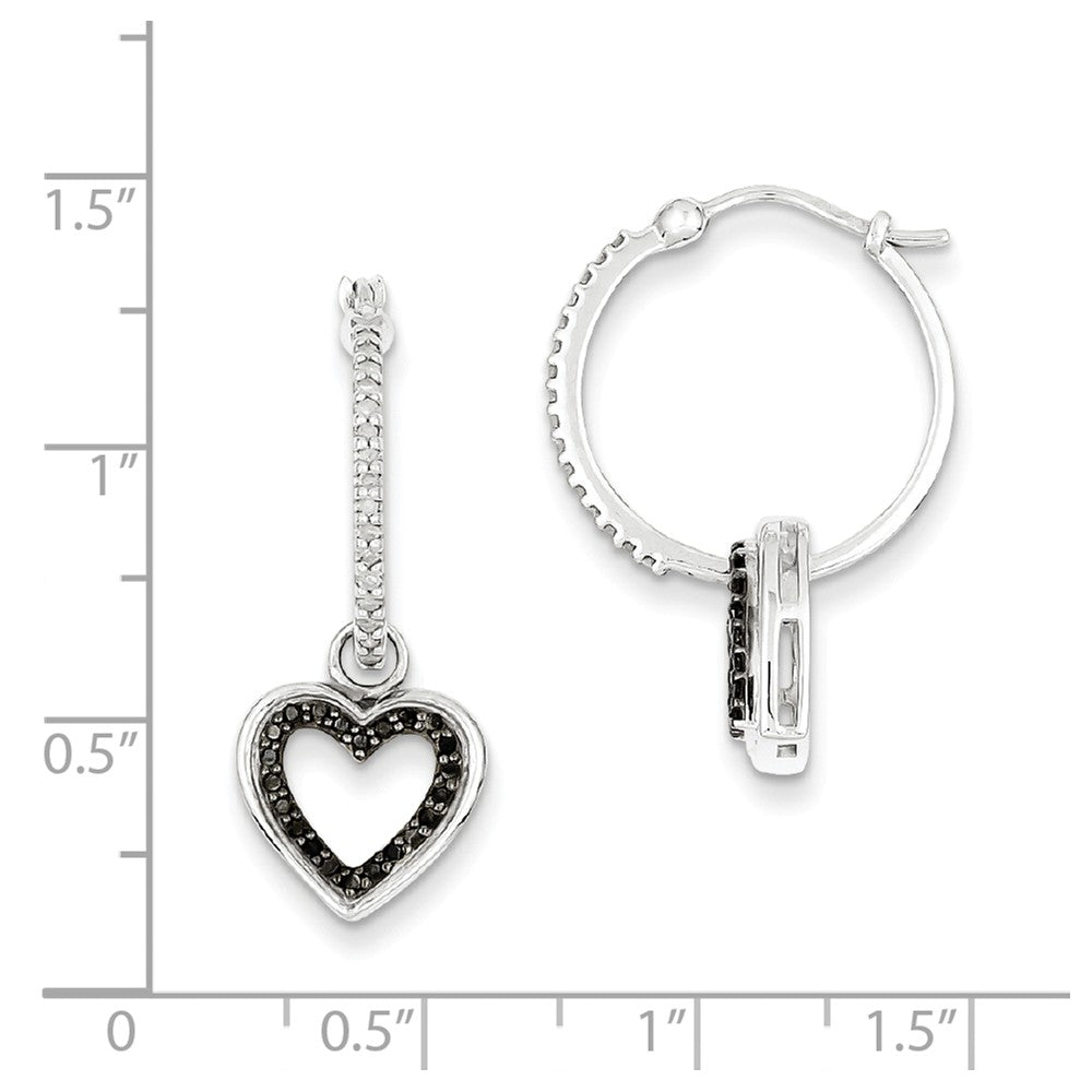 Alternate view of the Black &amp; White Diamond Dangle Heart Hoop Earrings in Sterling Silver by The Black Bow Jewelry Co.