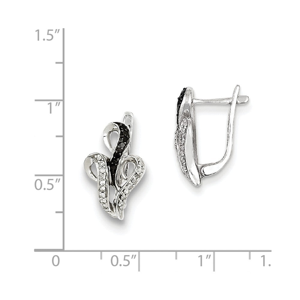 Alternate view of the Black &amp; White Diamond Scroll Omega Back Earrings in Sterling Silver by The Black Bow Jewelry Co.