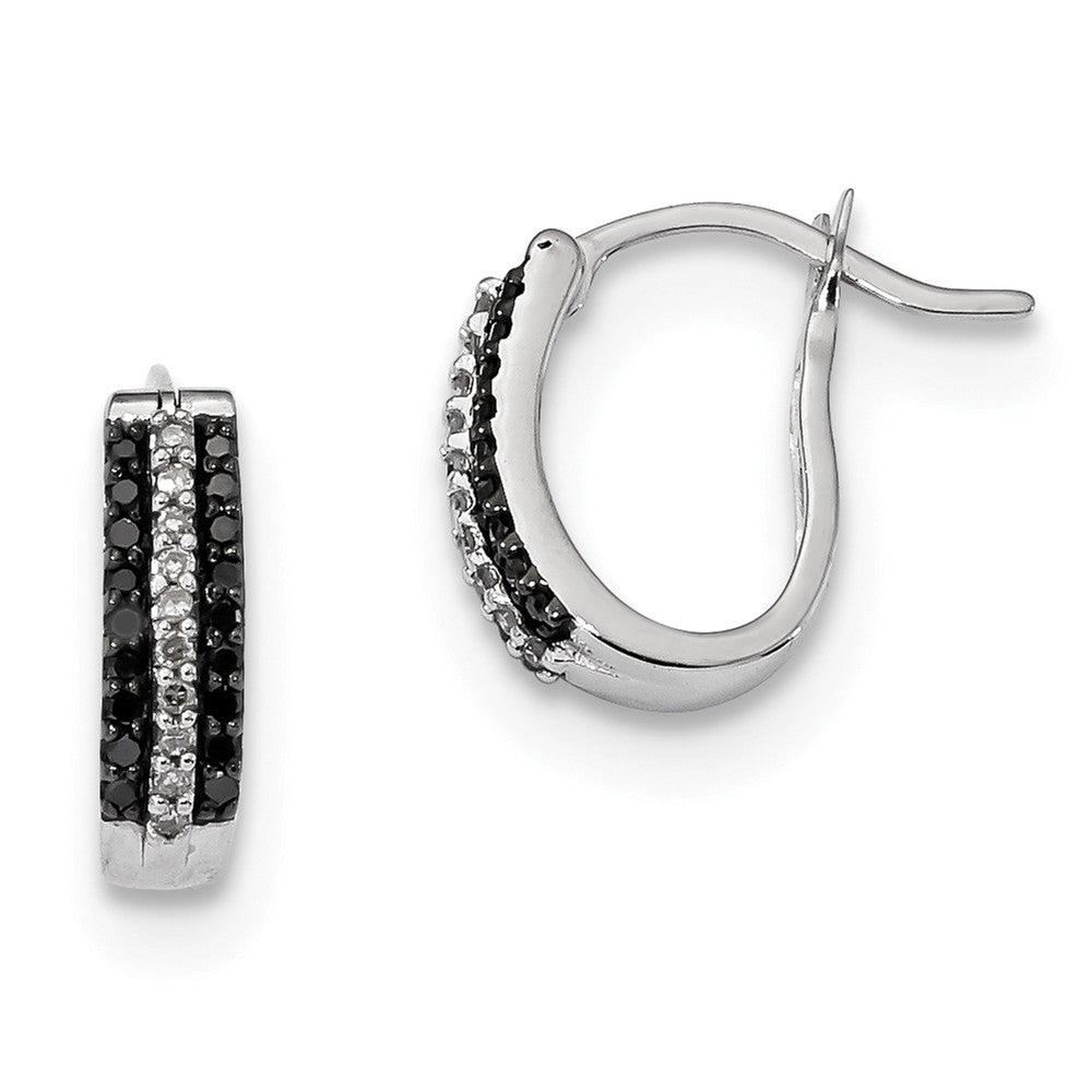 Black &amp; White Diamond Oval Hoop Earrings in Sterling Silver, 4 x 13mm, Item E12779 by The Black Bow Jewelry Co.