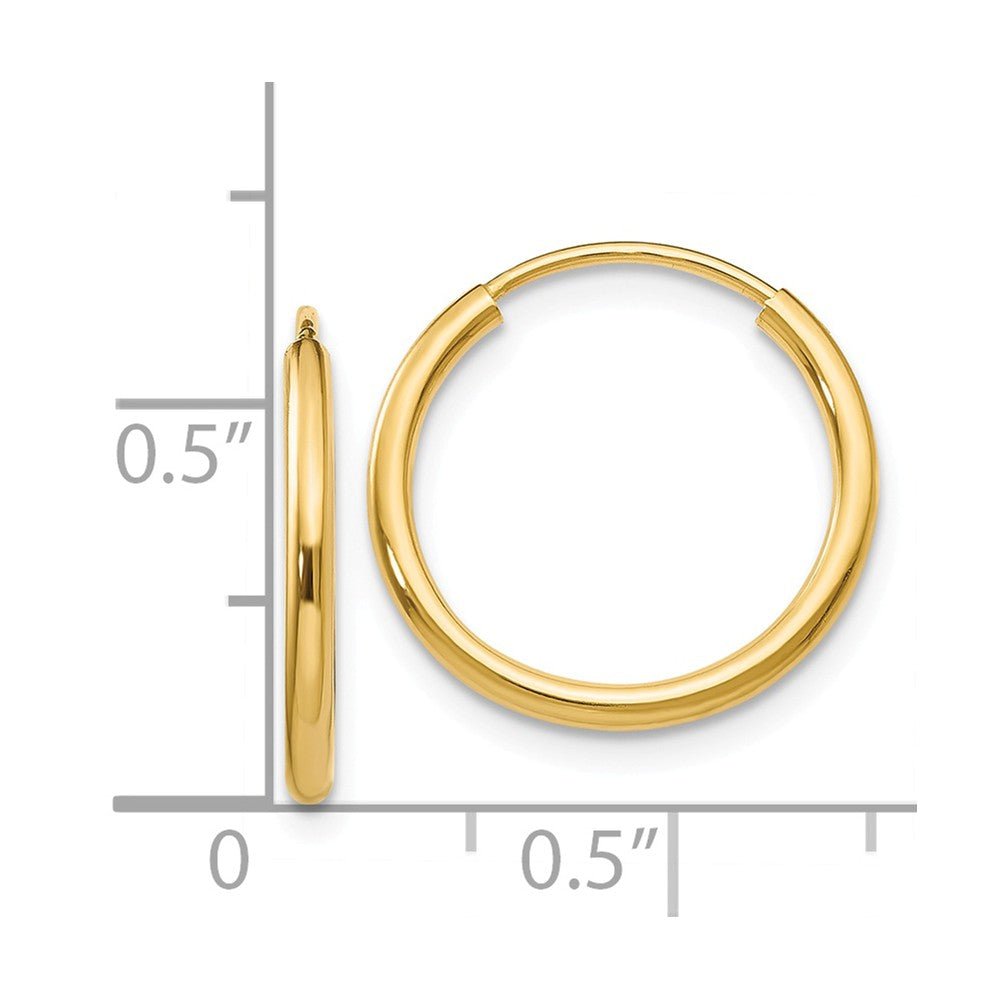 Alternate view of the 1.5mm x 16mm 14k Yellow Gold Polished Round Endless Hoop Earrings by The Black Bow Jewelry Co.