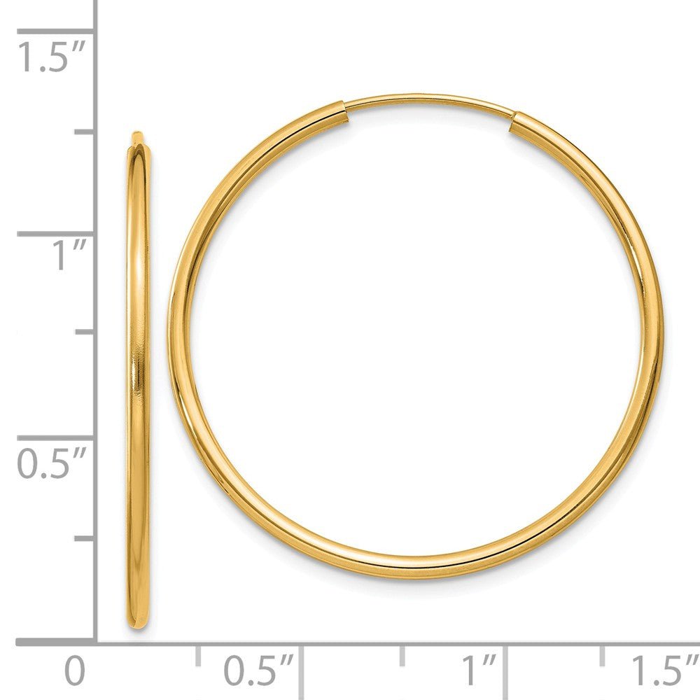 Alternate view of the 1.5mm x 30mm 14k Yellow Gold Polished Round Endless Hoop Earrings by The Black Bow Jewelry Co.