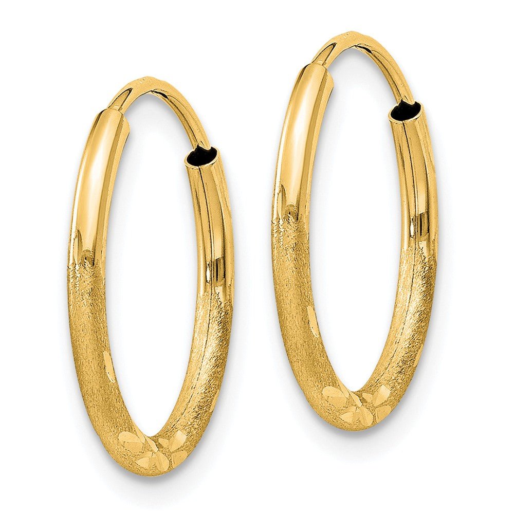 Alternate view of the 1.5mm x 17mm 14k Yellow Gold Satin Diamond-Cut Endless Hoop Earrings by The Black Bow Jewelry Co.