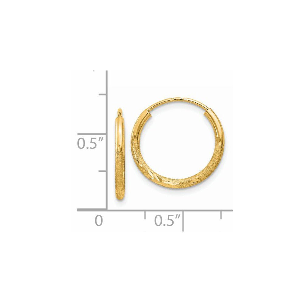 Alternate view of the 1.5mm x 17mm 14k Yellow Gold Satin Diamond-Cut Endless Hoop Earrings by The Black Bow Jewelry Co.
